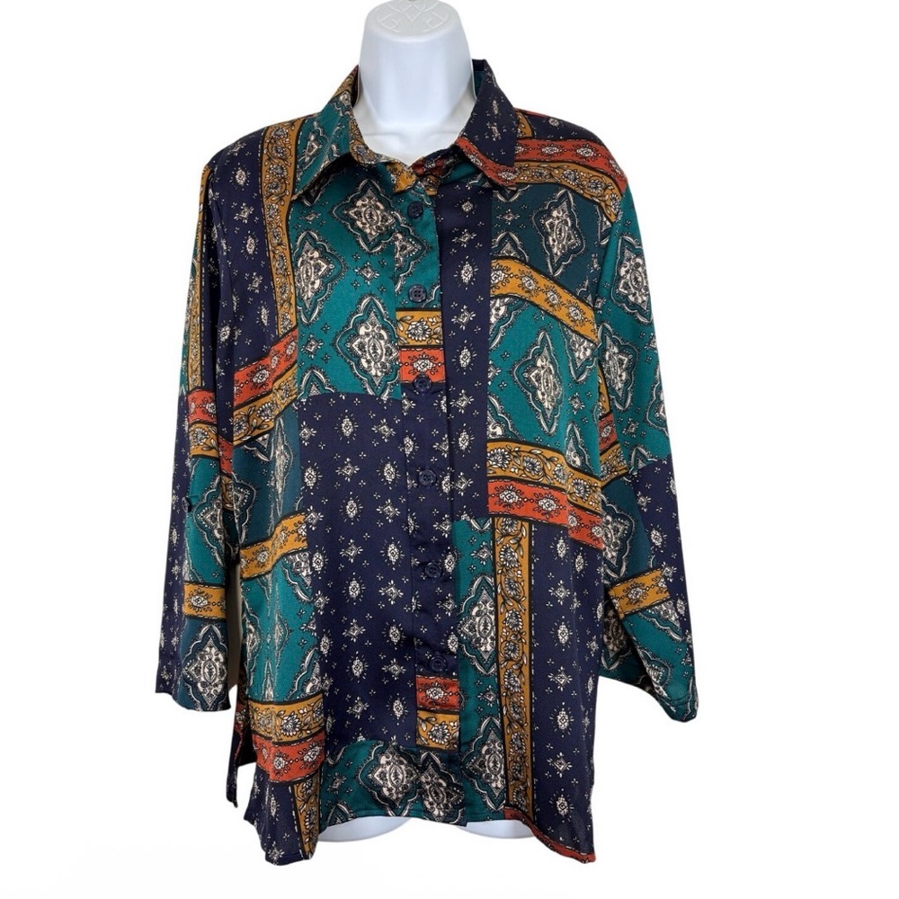 Draper’s & Damon’s Petite L Patchwork Print Button Front Blouse Teal Navy Boho